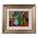 Mid-Century Modern "Pears & Lily of the Valley" Swedish Vintage Expressionist Still Life Tempera Pai