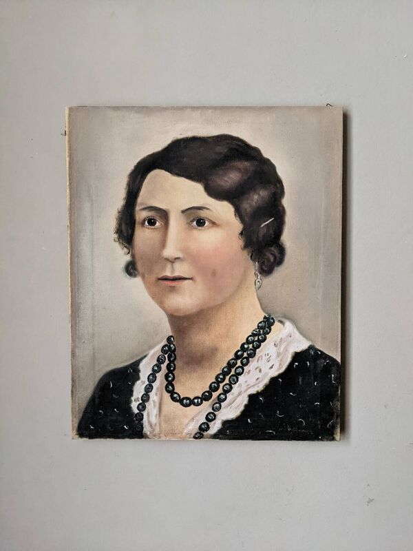 Huile sur toile portrait ancien décoration campagne bohème