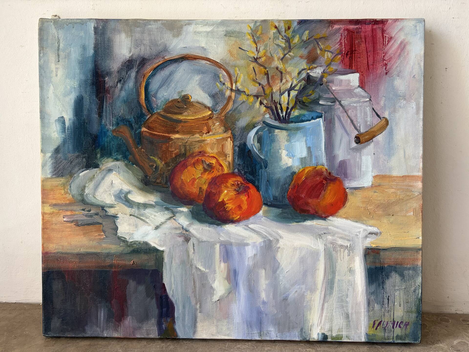 Nature morte, table de cuisine signé Paumier 1999