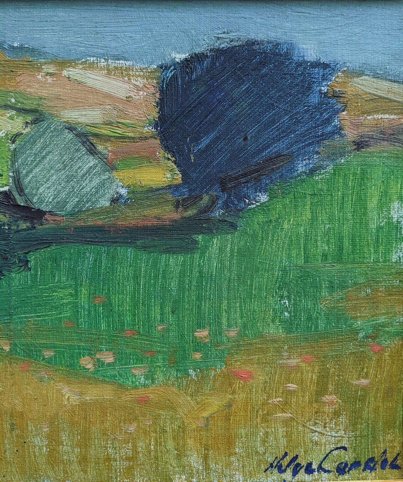 Mid-century modern "the blue tree" vintage expressionist landscape swedish oil painting