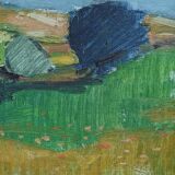 Mid-century modern "the blue tree" vintage expressionist landscape swedish oil painting