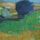 Mid-century modern "the blue tree" vintage expressionist landscape swedish oil painting