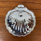 Silver-plated metal shell butter dish with blue insert, 1970