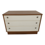 3-drawer chest of drawers in mahogany veneer and satin white, 70s-80s