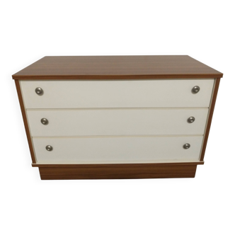 Commode 3 tiroirs en placage d'acajou et blanc satiné, années 70-80