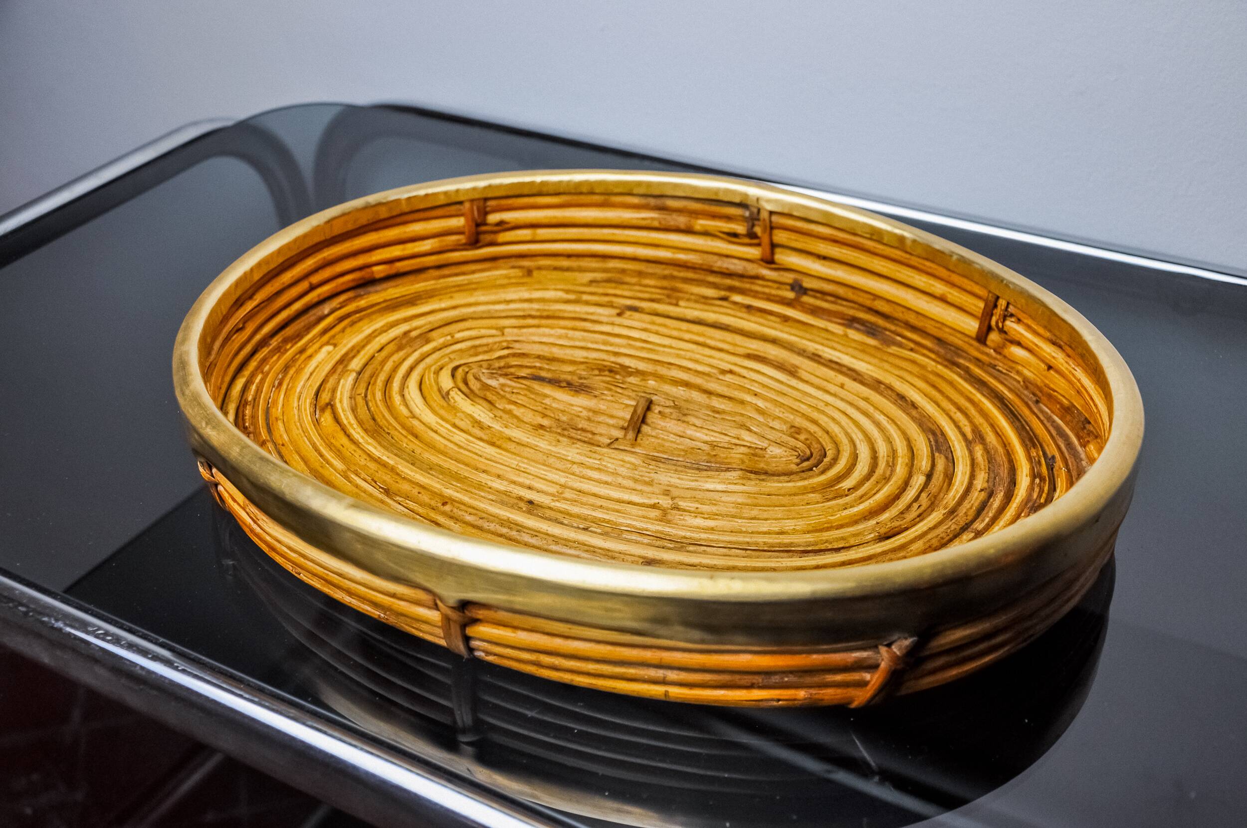 Rattan and brass tray, Italy, 1970