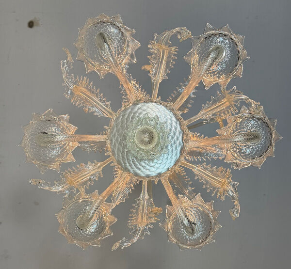 Lustre vénitien en verre de Murano incolore, 6 bras de lumière vers 1950