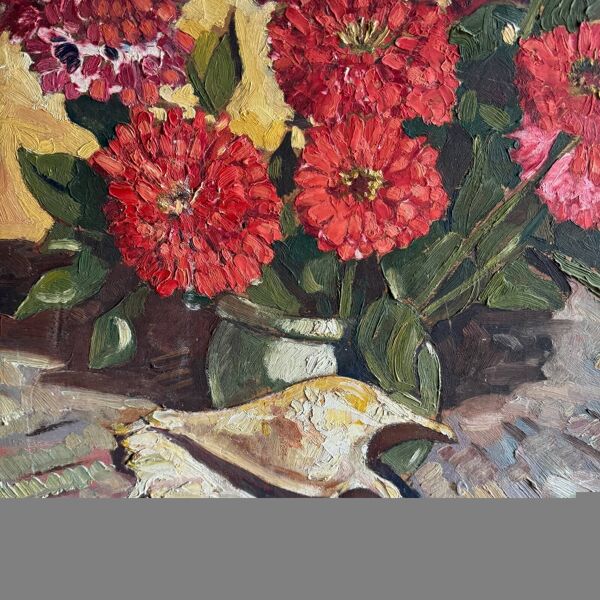 Huile sur panneau nature morte aux fleurs par A. Le Cudennec 1955