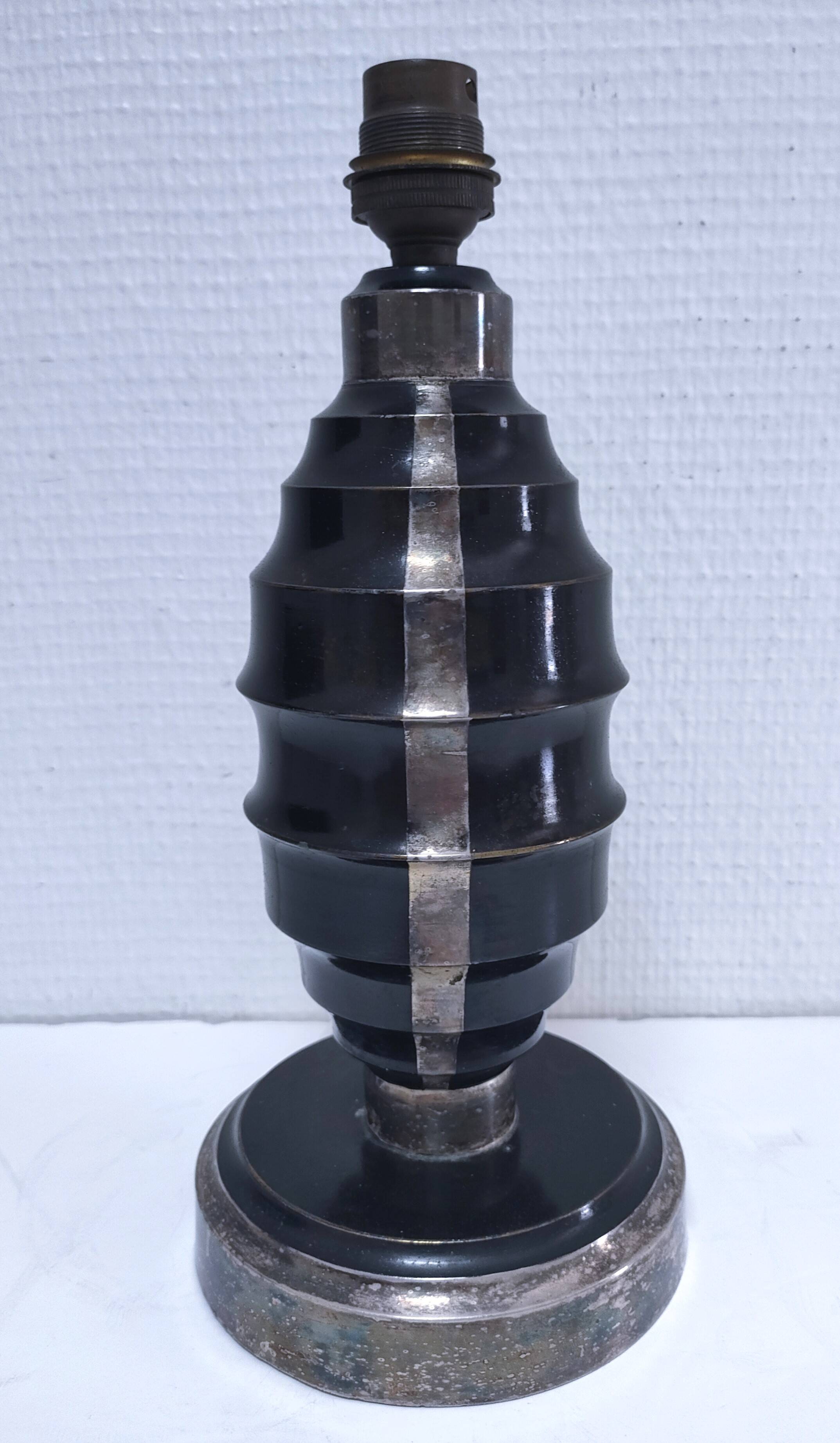 Art Deco metal lamp base with black and silver patina