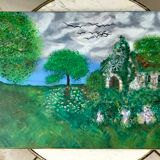 Tableau huile sur toile paysage église pointillisme ancien