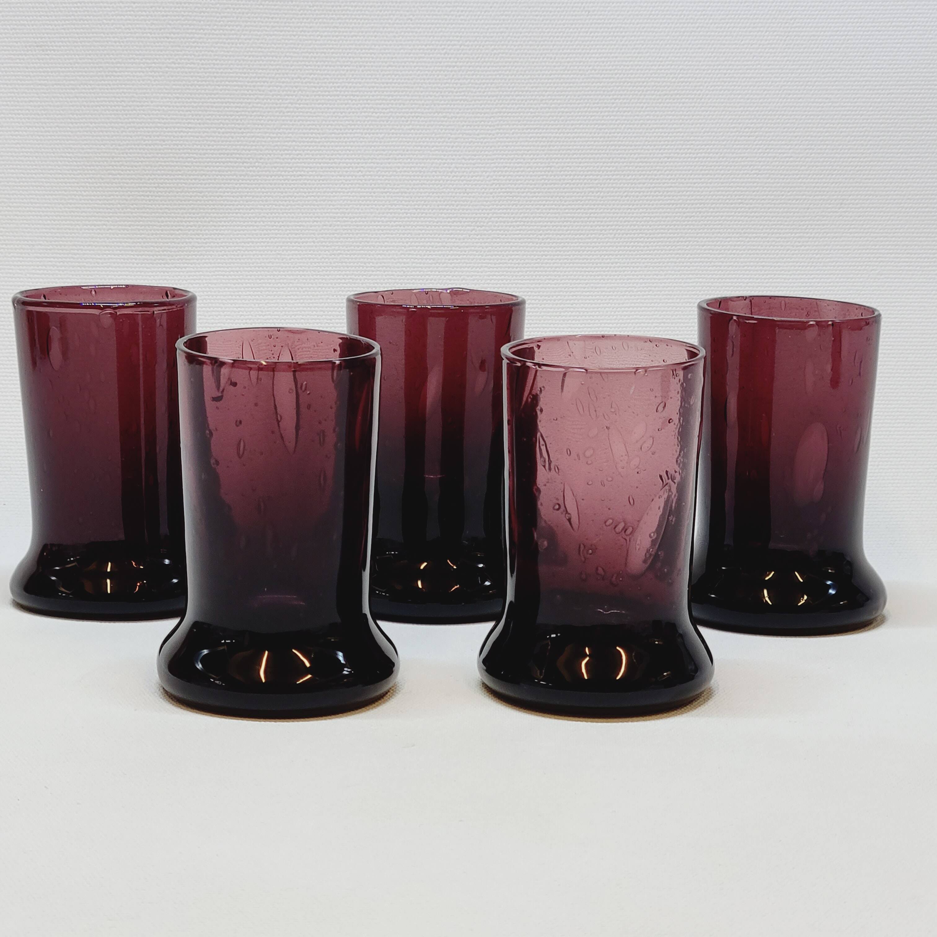 5 Small Liqueur Glasses Vodka Cups in Bubble Blown Glass Plum Biot?