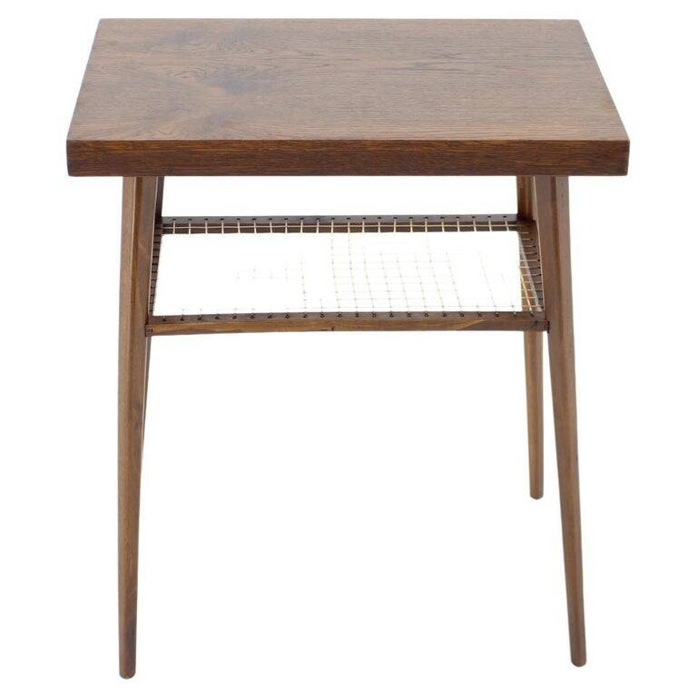 1960s Mid-Century Czech Oak Side Table with Woven Magazine Shelf