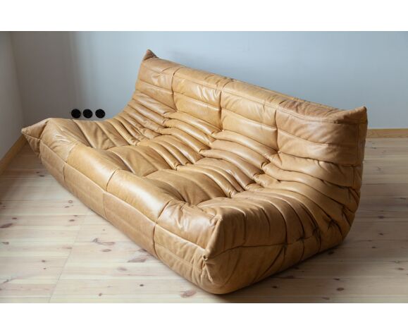 3 Seater Togo Camel Leather Sofa, Ligne Roset Leather Sofa