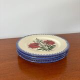 set of 4 floral dinner plates, pink and blue, made in France, 1950