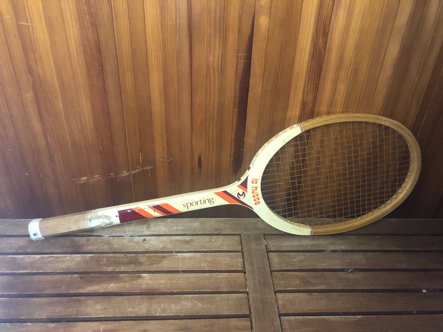 Old la hutte tennis racket wood + cross & protective cover