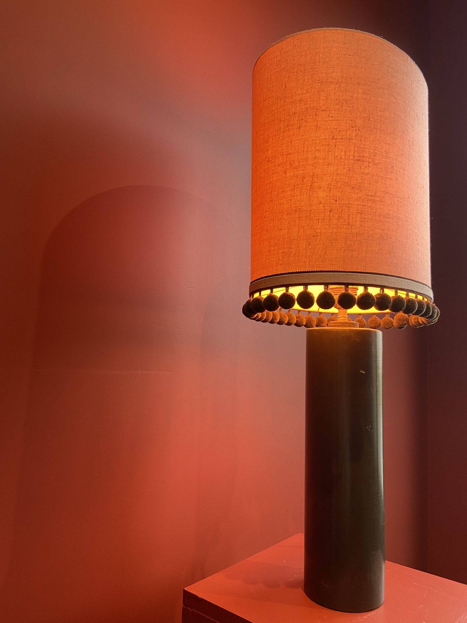 Copper "bouillotte" lamp with Ashoka Silk shade, pom-poms of c