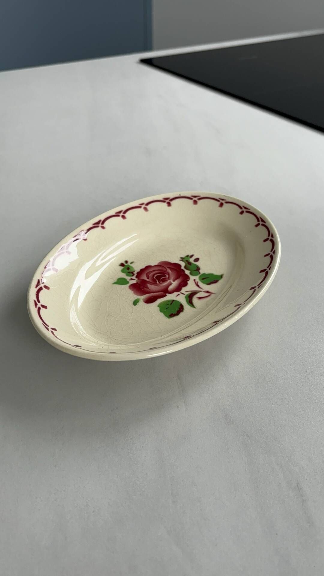 Oval Ravier Badonviller in vintage earthenware, vintage pink red dish.
