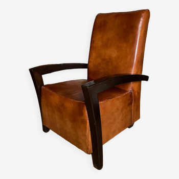 Leather and wood armchair from the 1930s - art deco - brown