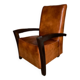 Fauteuil cuir et bois années 30 - art déco - marron