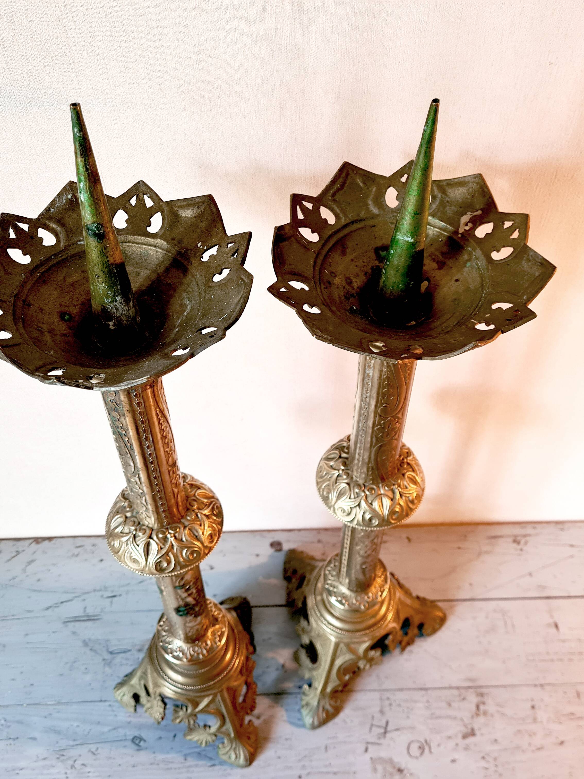 Pair of large Empire solid brass candlesticks – 78 cm
