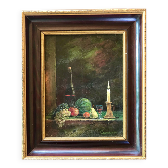 Painting, still life with fruit and candle, hst, signed and dated 1979