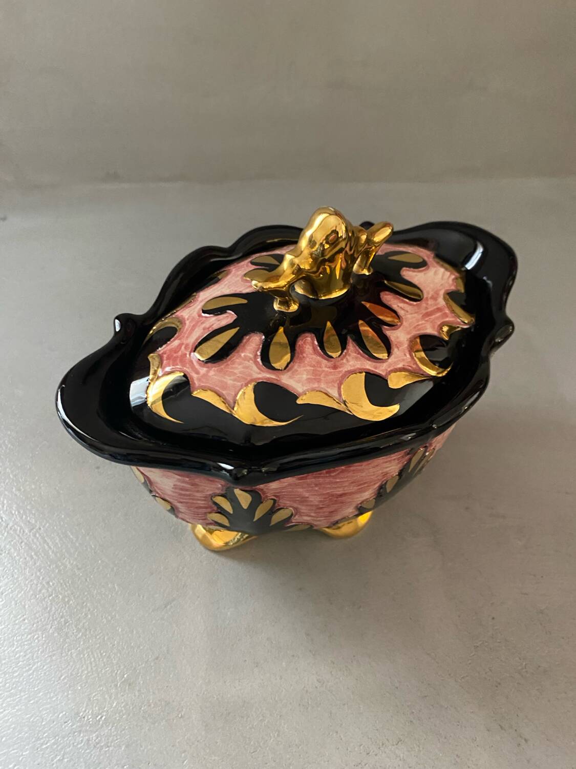 Signed pink gold ceramic candy dish