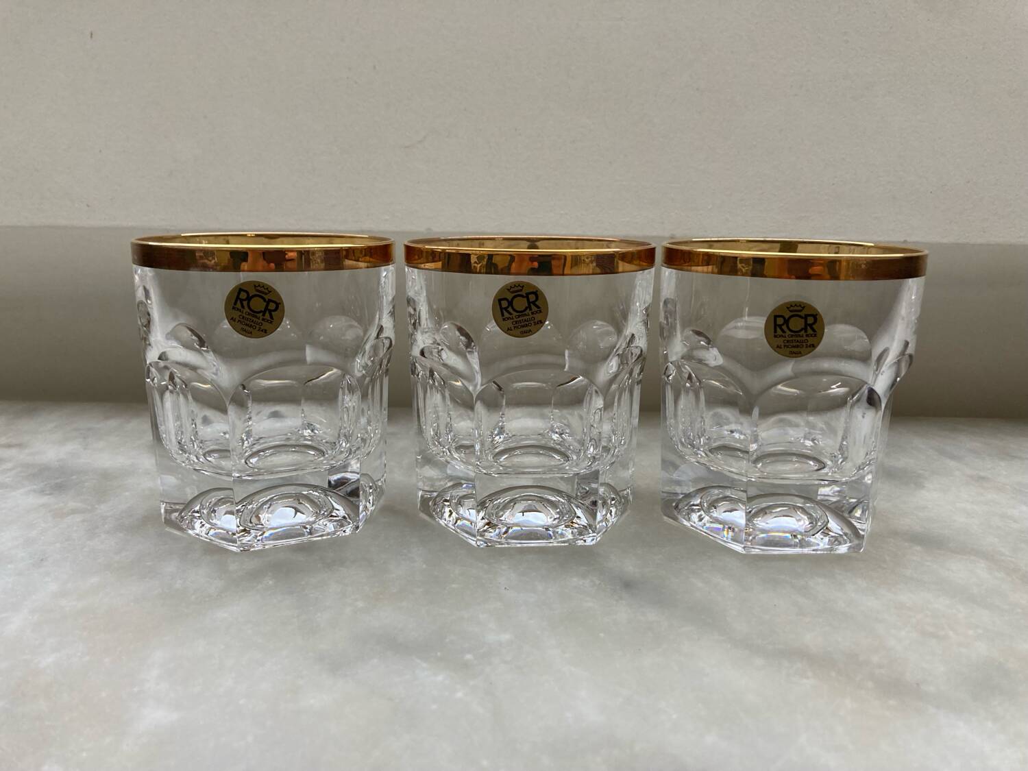 Set of 6 RCR lead crystal whisky glasses, 24% ABV, Italy