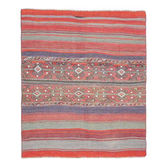 1970s Turkish hand-knotted wool cotton red kilim area rug 123x145