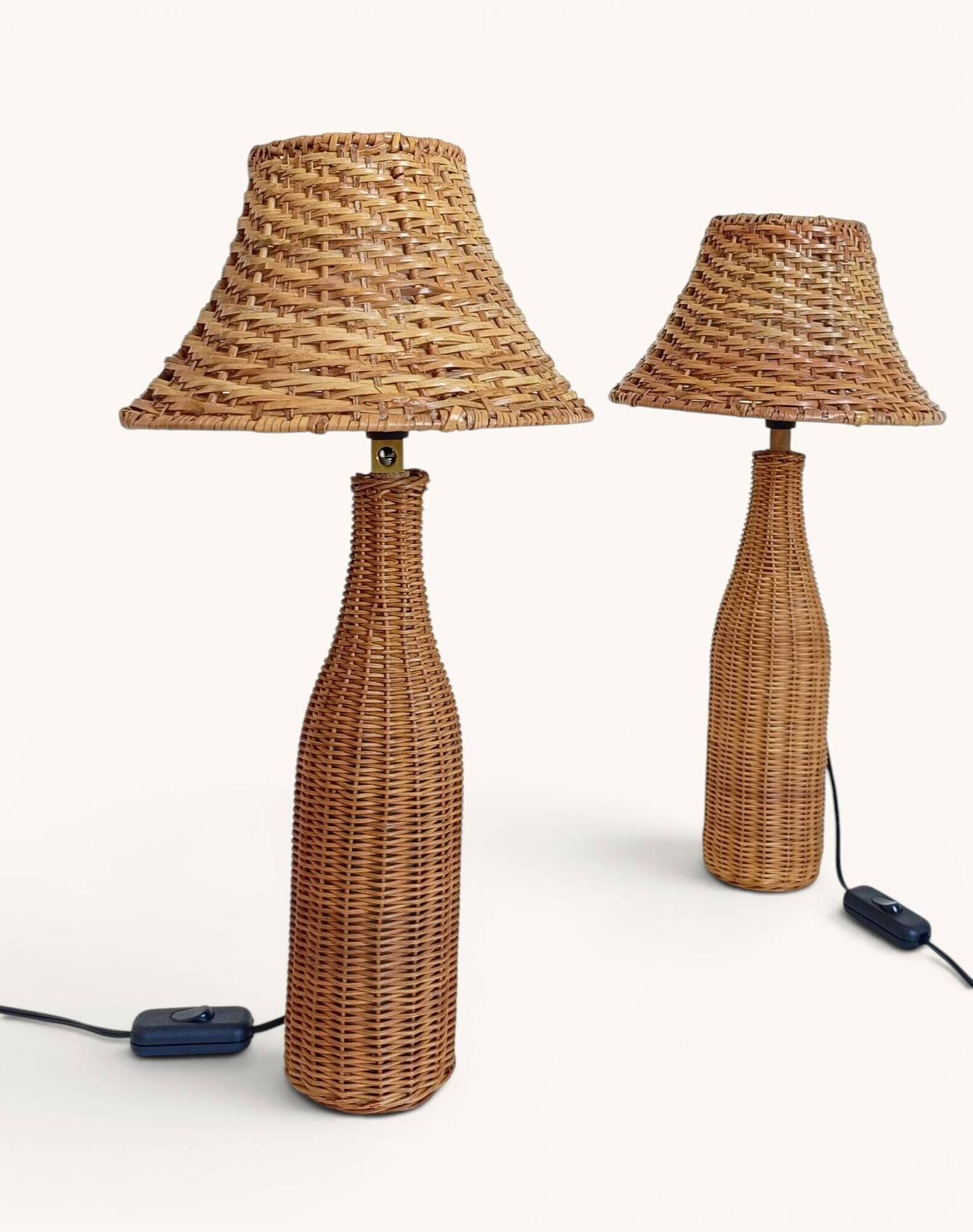 Pair of Table Lamps in Handwoven Wicker and Rattan, France, 1960s