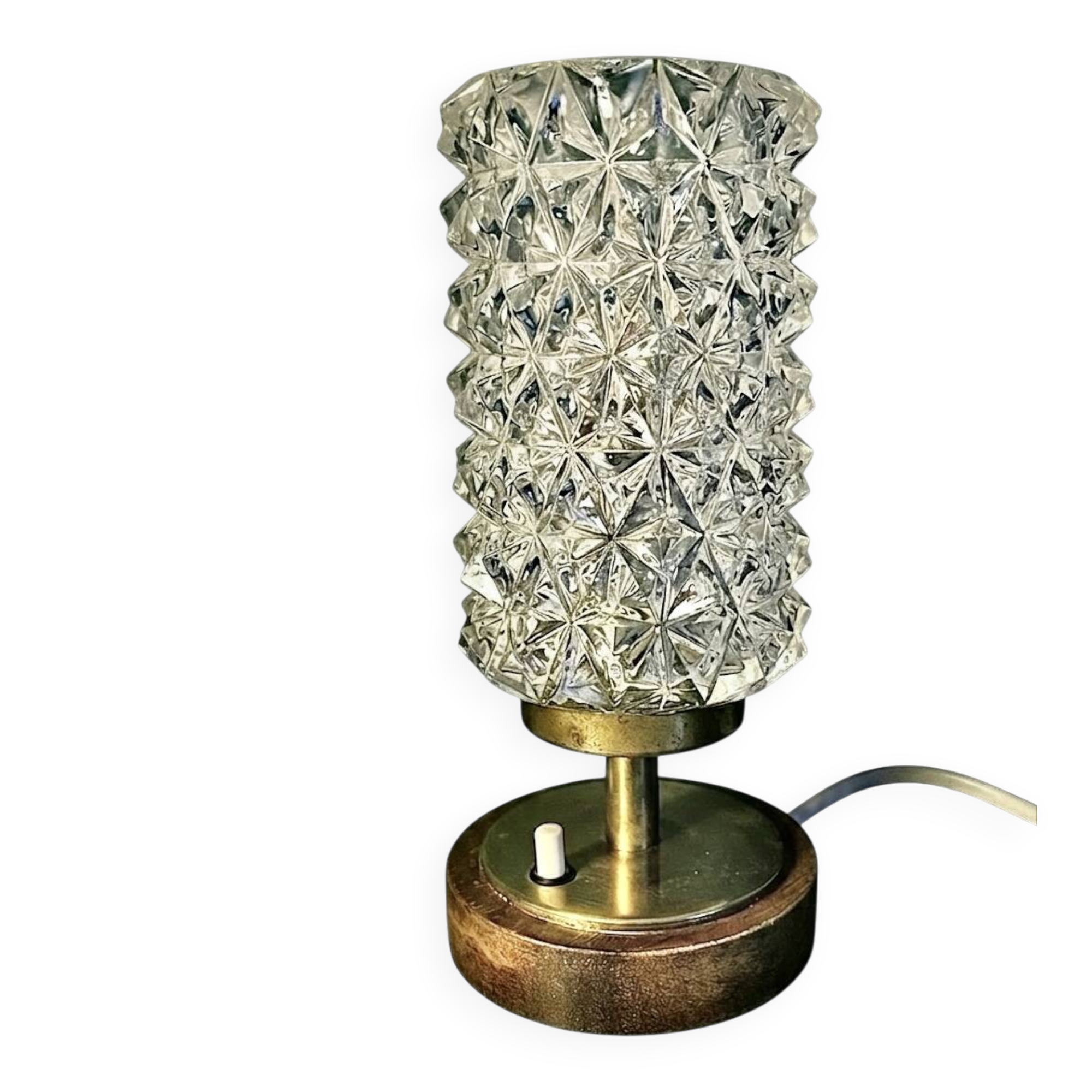 Vintage Mid-Century Scandinavian lamp in wood, brass, and pressed glass with spikes.