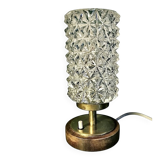 Vintage Mid-Century Scandinavian lamp in wood, brass, and pressed glass with spikes.