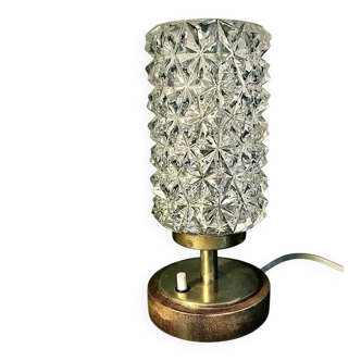 Vintage Mid-Century Scandinavian lamp in wood, brass, and pressed glass with spikes.