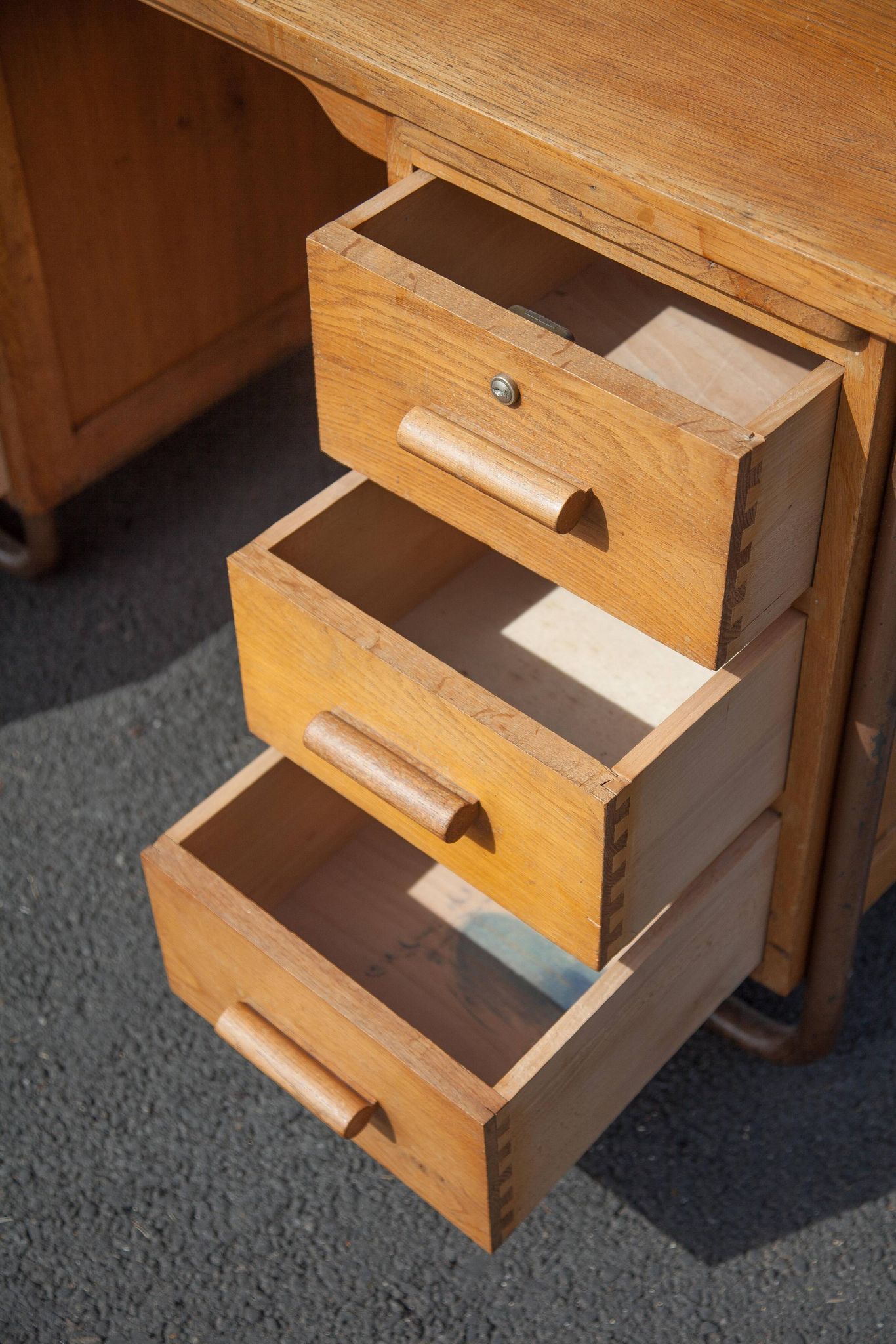Old desk, wooden desk, school desk, desk with drawers and tablet, 50s