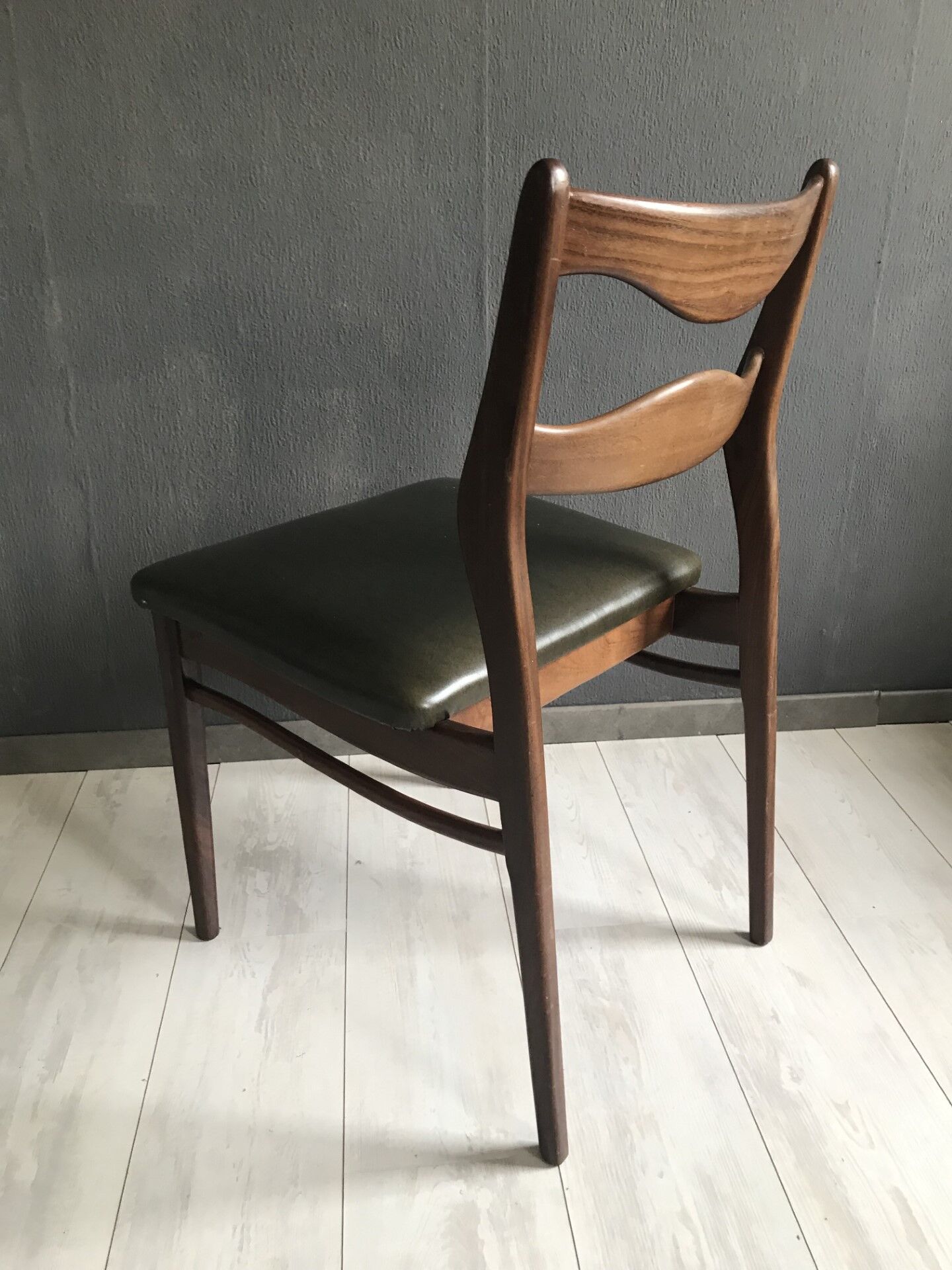 4 vintage teak dining chairs, dark green