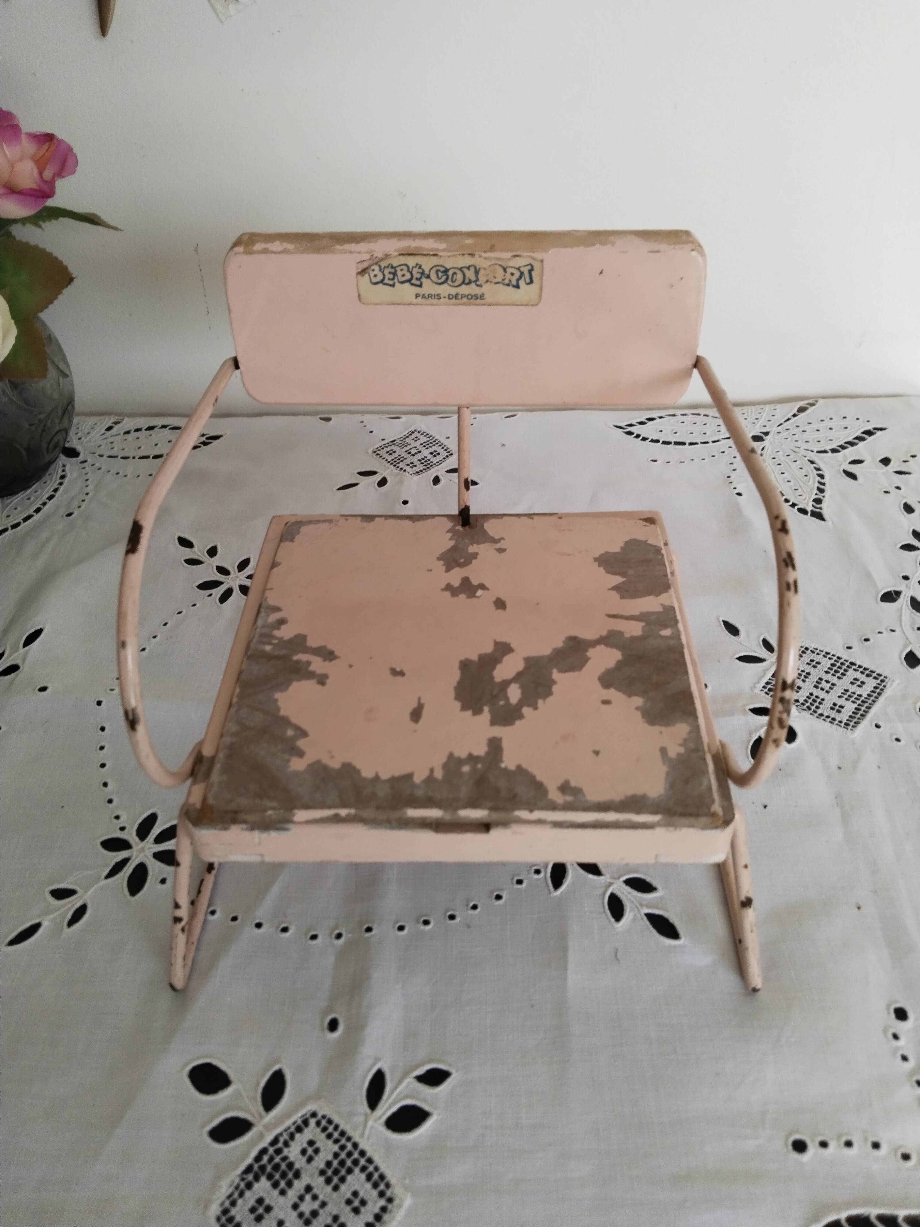 Vintage doll potty chair, wood and metal, pink, Bébéconfort