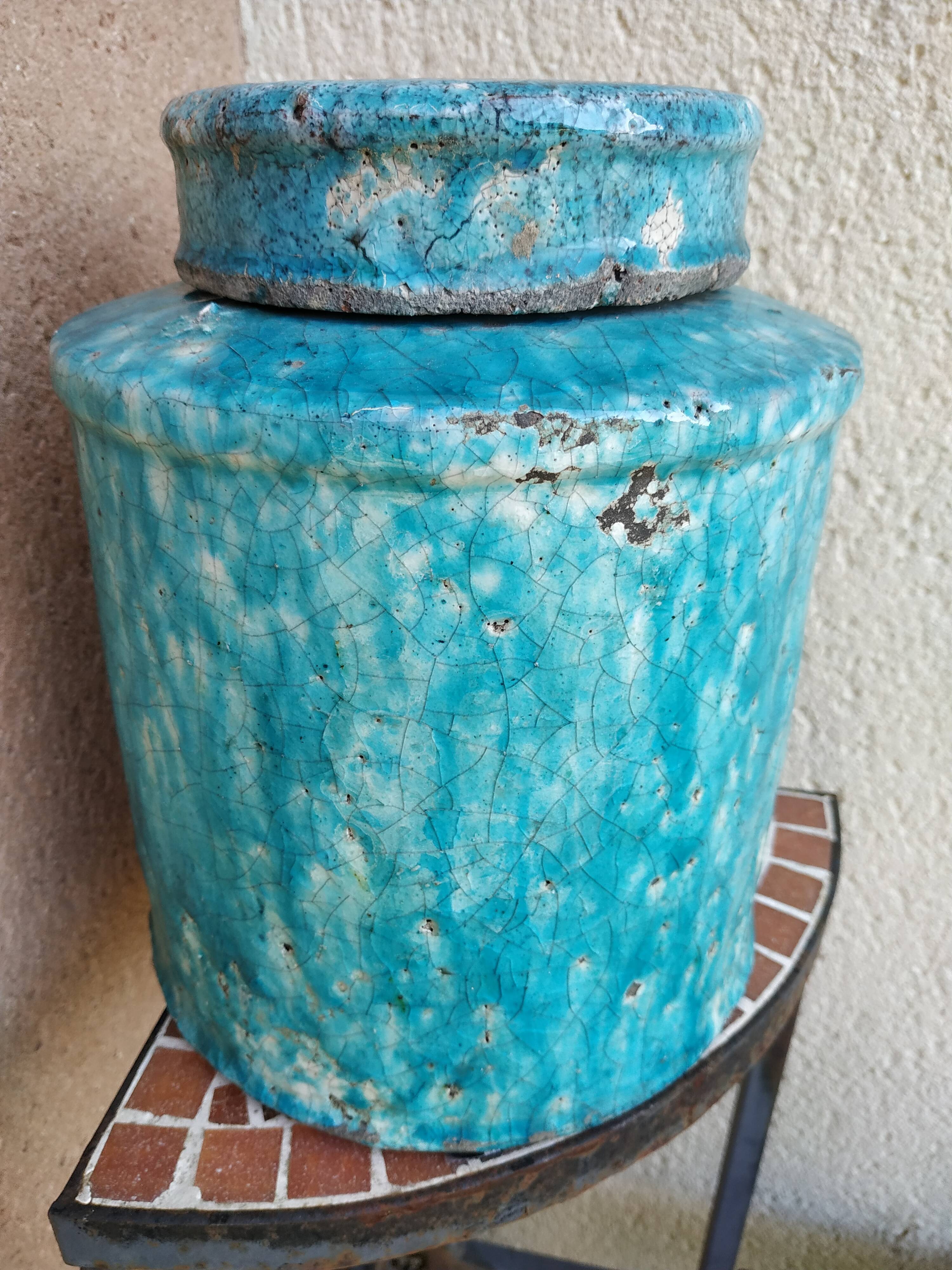 Large tea box in turquoise blue Raku pottery