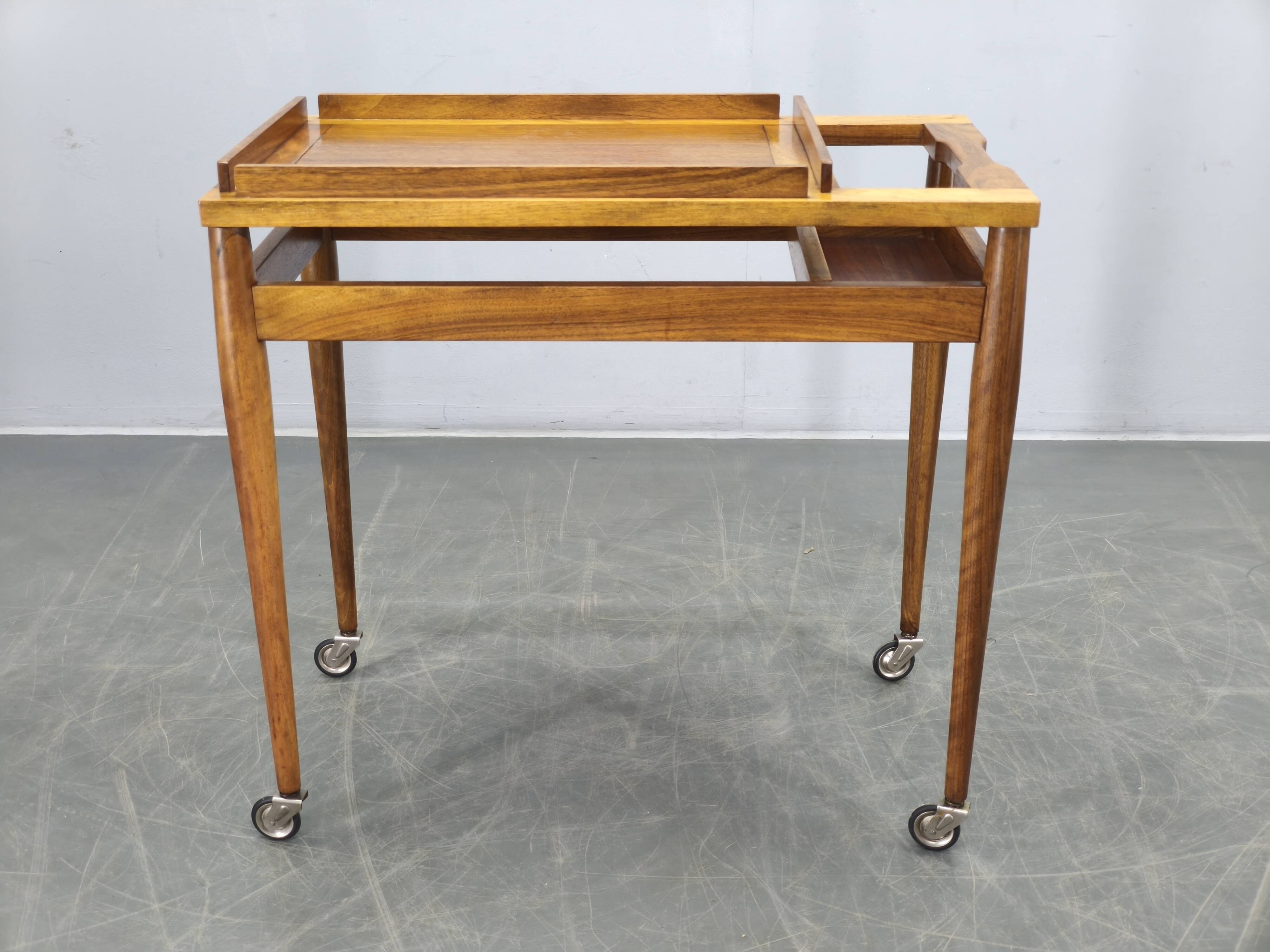 Mid Century Walnut Serving Cart, Czechoslovakia, 1970s