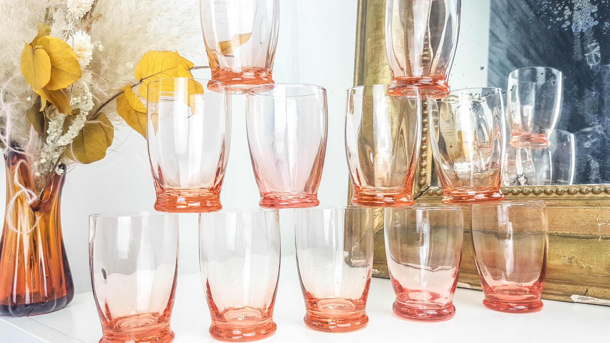 Lot of 11 vintage verrine pink glass liqueur glasses