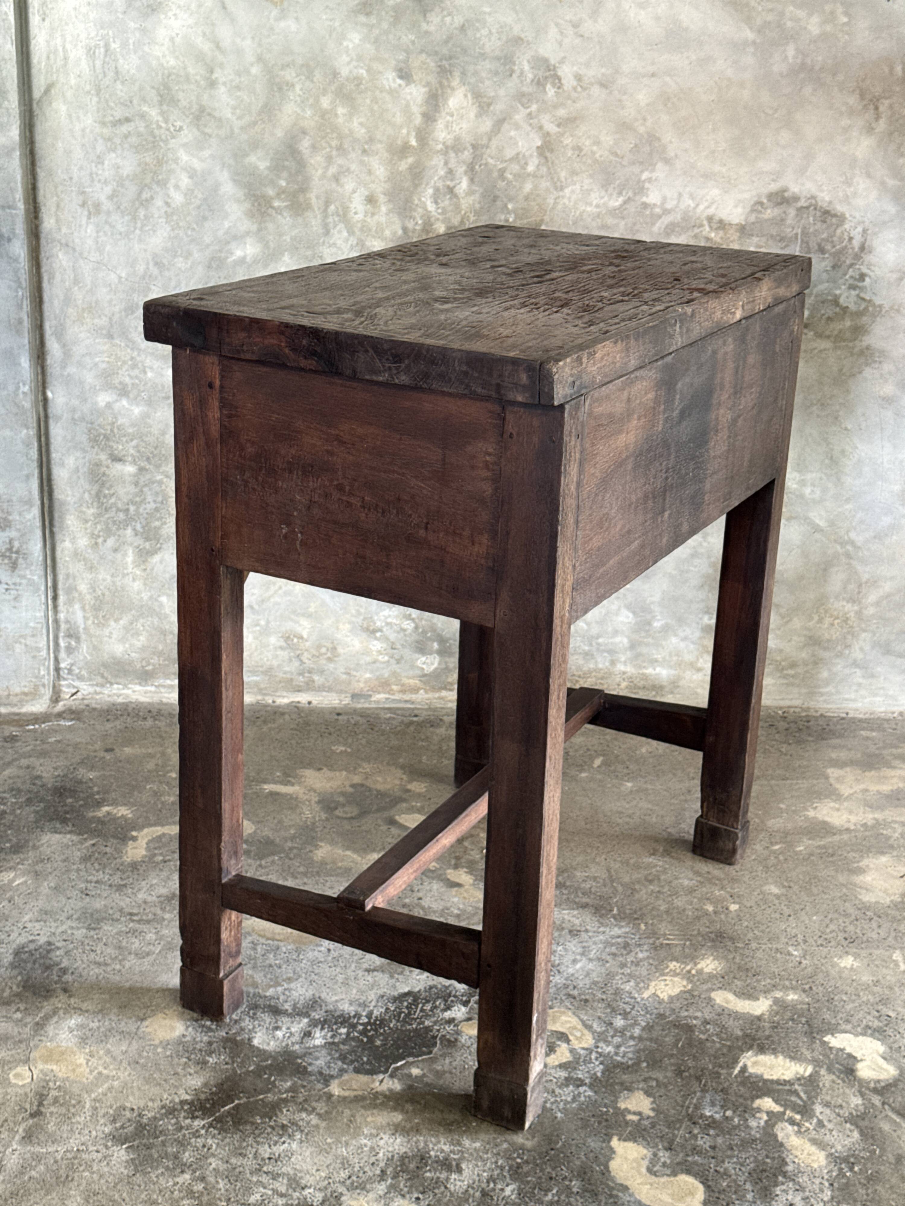 Antique Indonesian teak workbench with two drawers and stretcher H89.