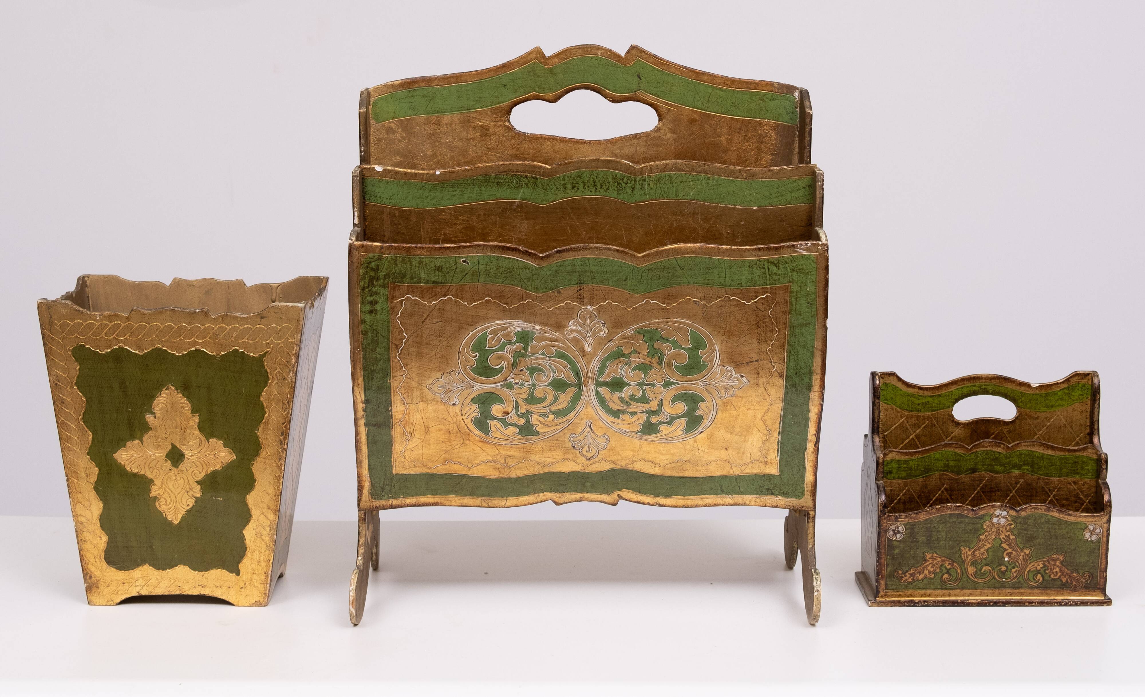 Set of 3 florentine newspaper rack, letter holder, paper basket 1960s italy