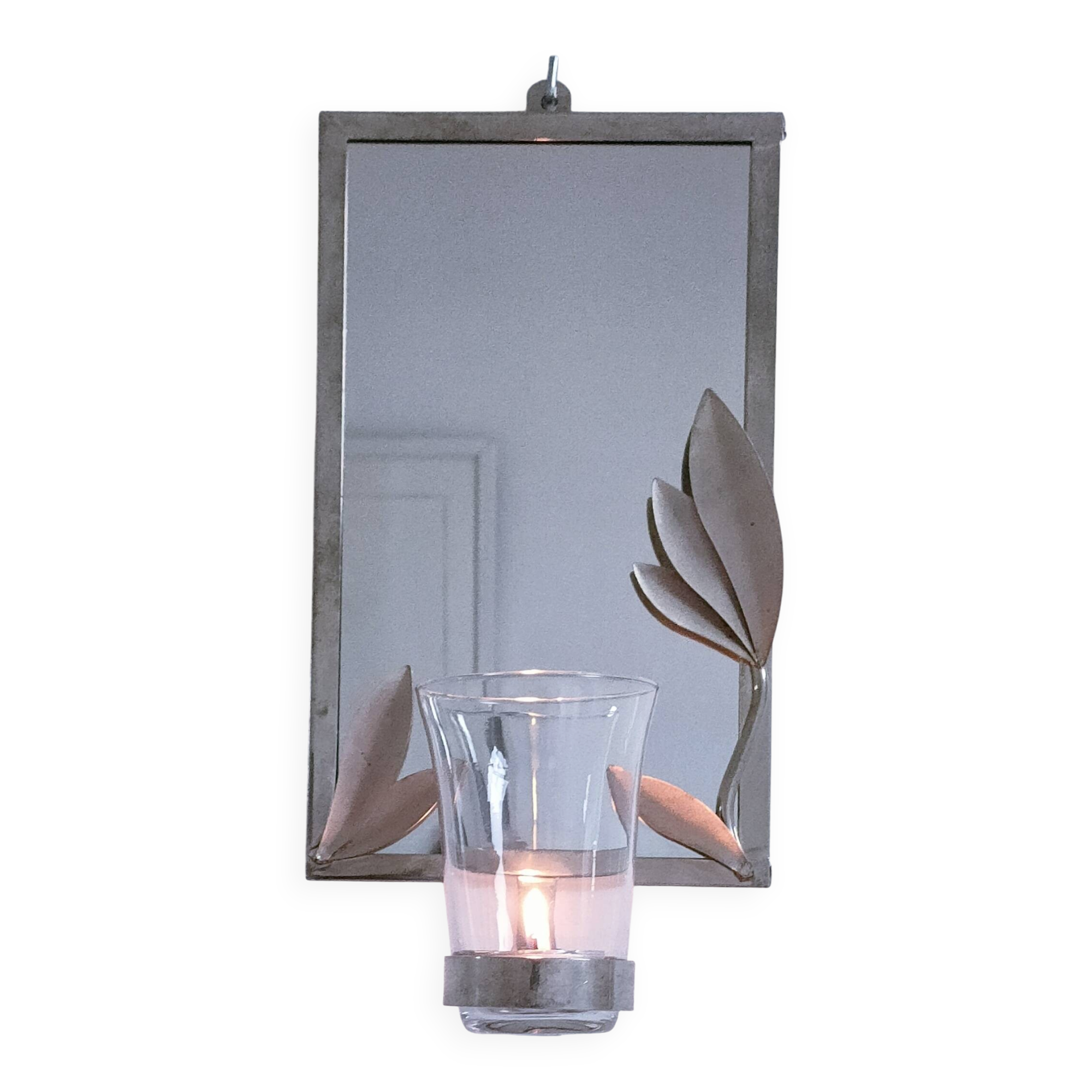 bougeoir métal argenté miroir décor feuillagé estampillé années 70
