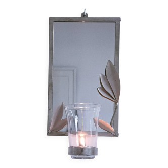 silver-plated metal candlestick with mirror and foliate decoration, stamped, 1970s