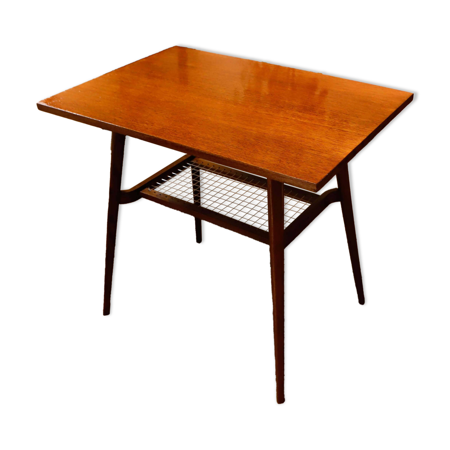 Brussels style retro table with woven shelf – Dřevopodnik Holešov, 1960s