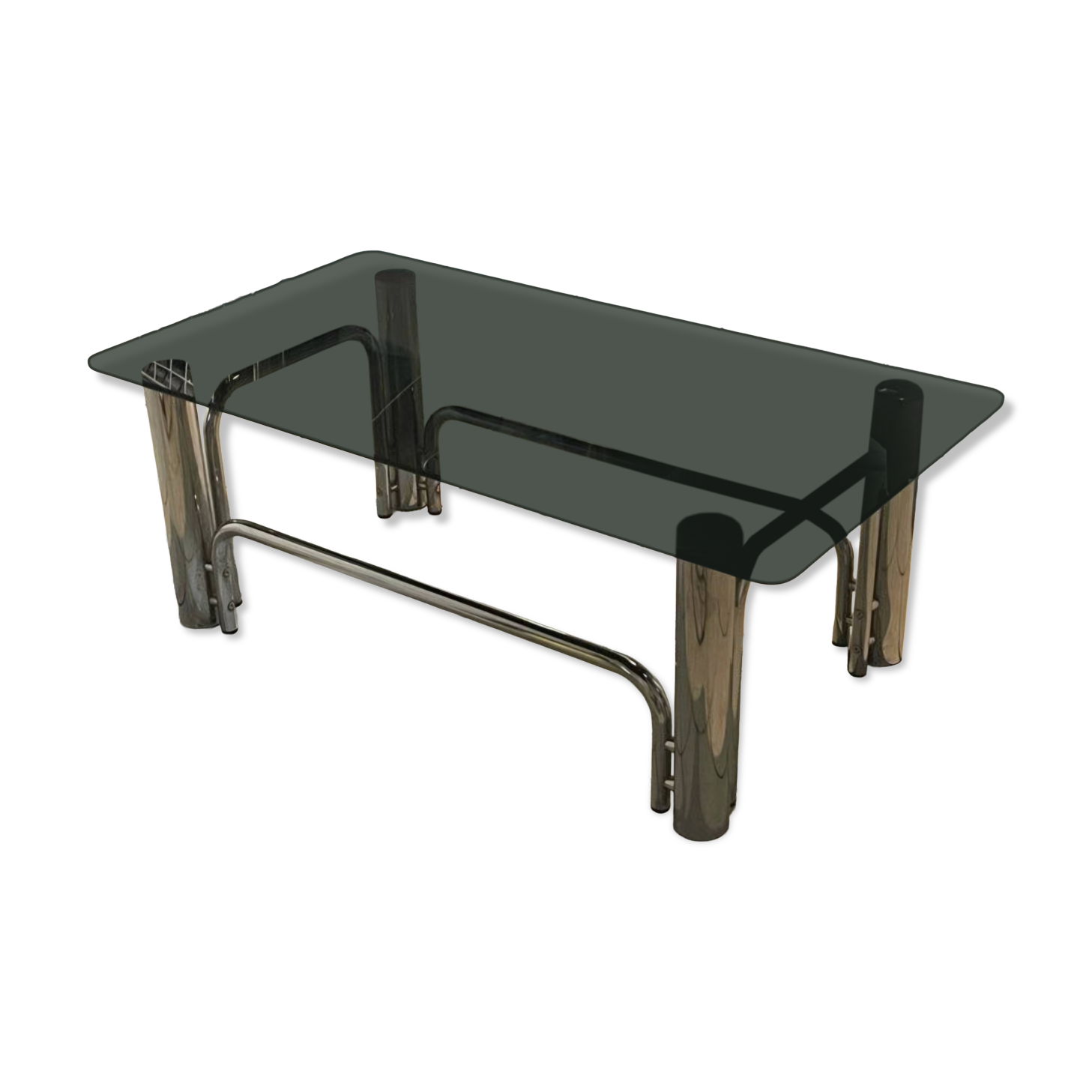 Vintage coffee table in smoked glass and chrome metal, 1970s design.