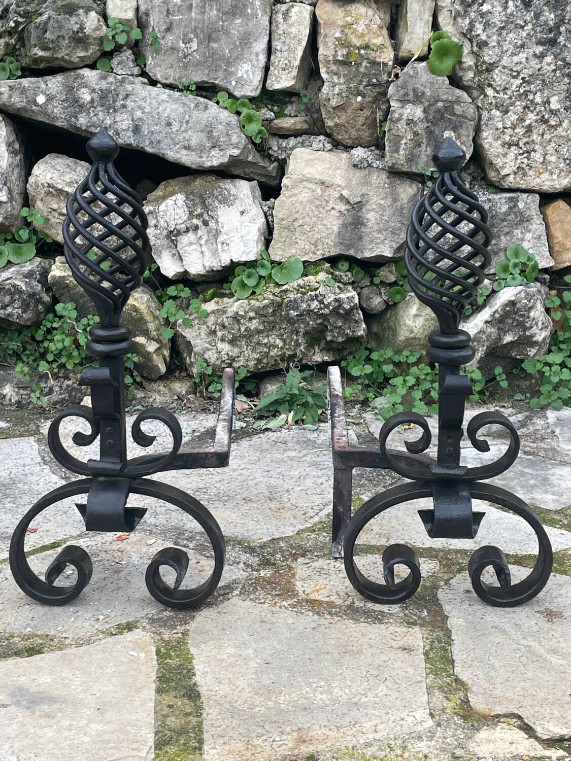 Pair of wrought iron fire dogs