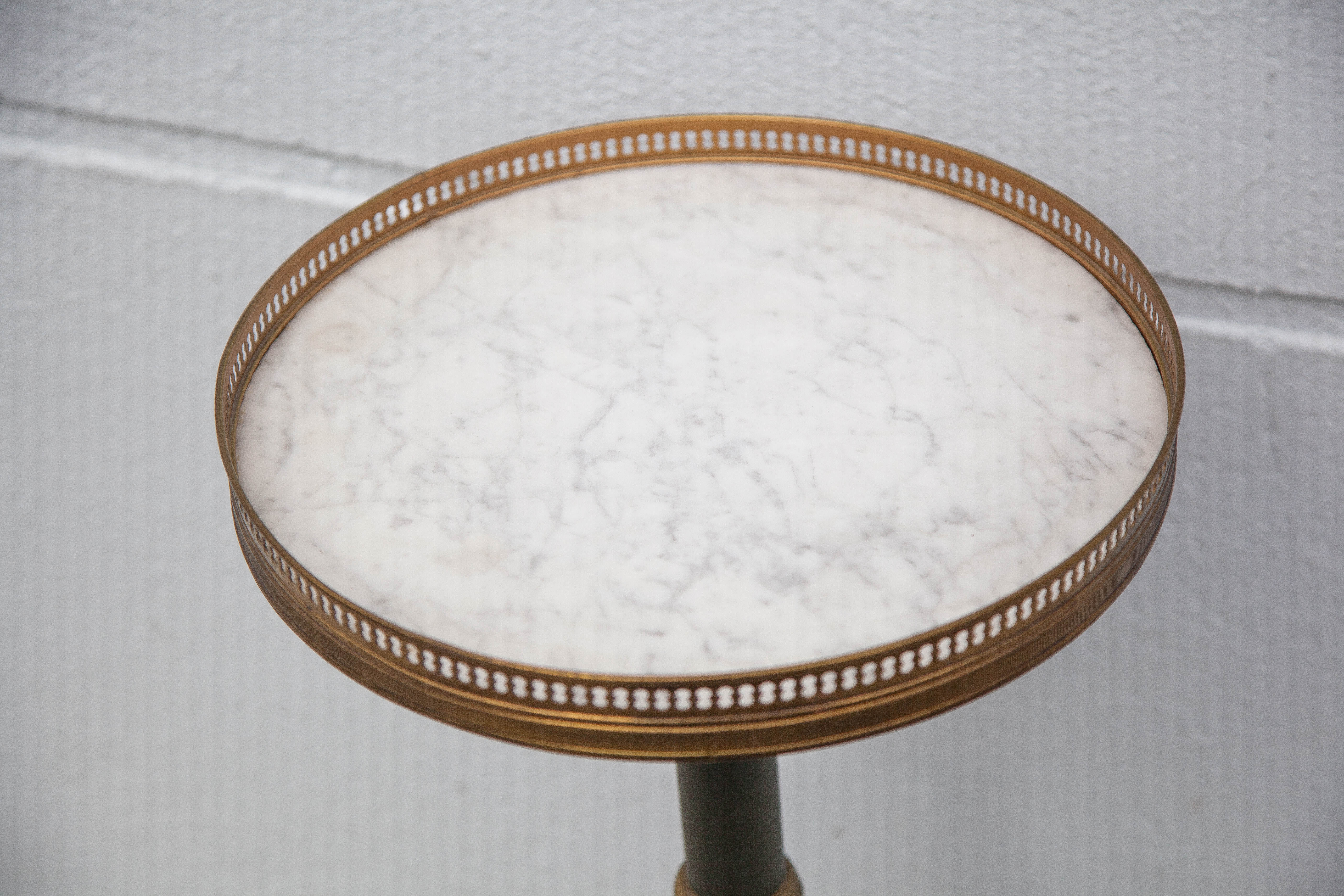 Brass and marble pedestal table with lion's paw, tripod hot water bottle table, empire style