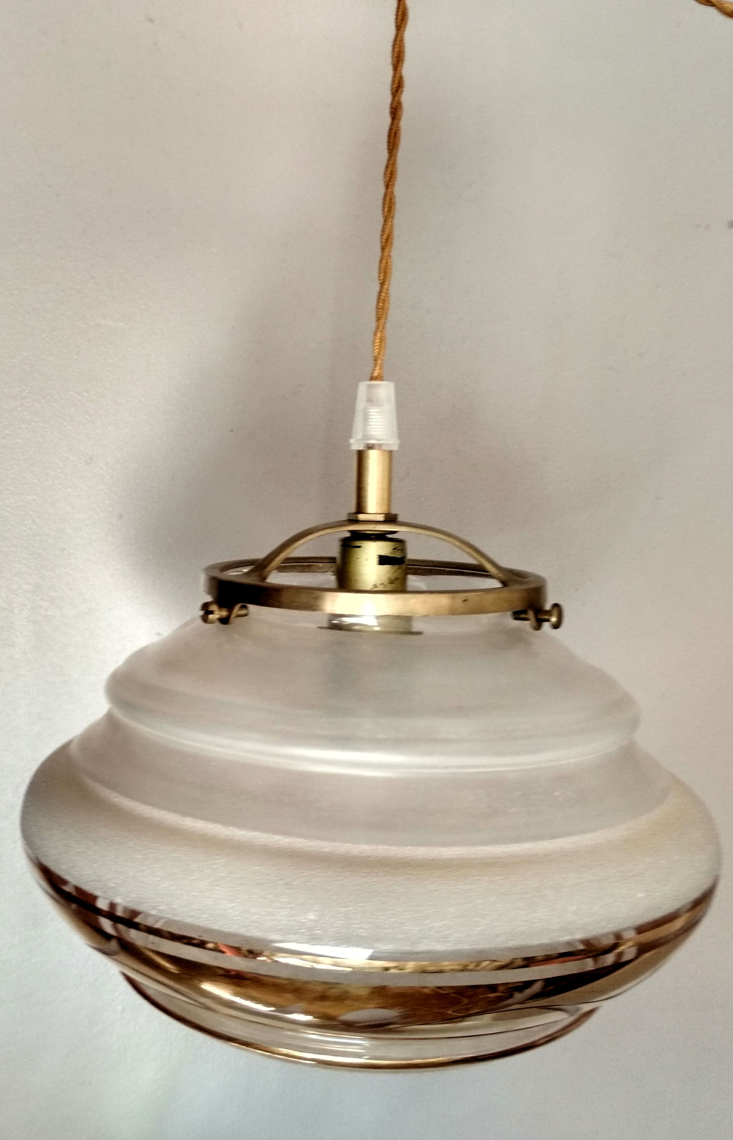 White and gold opaline globe hanging lamp 1950