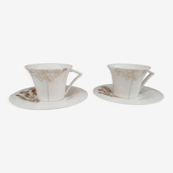 Tête à tête pour thé ou café long en porcelaine blanche décor floral doré