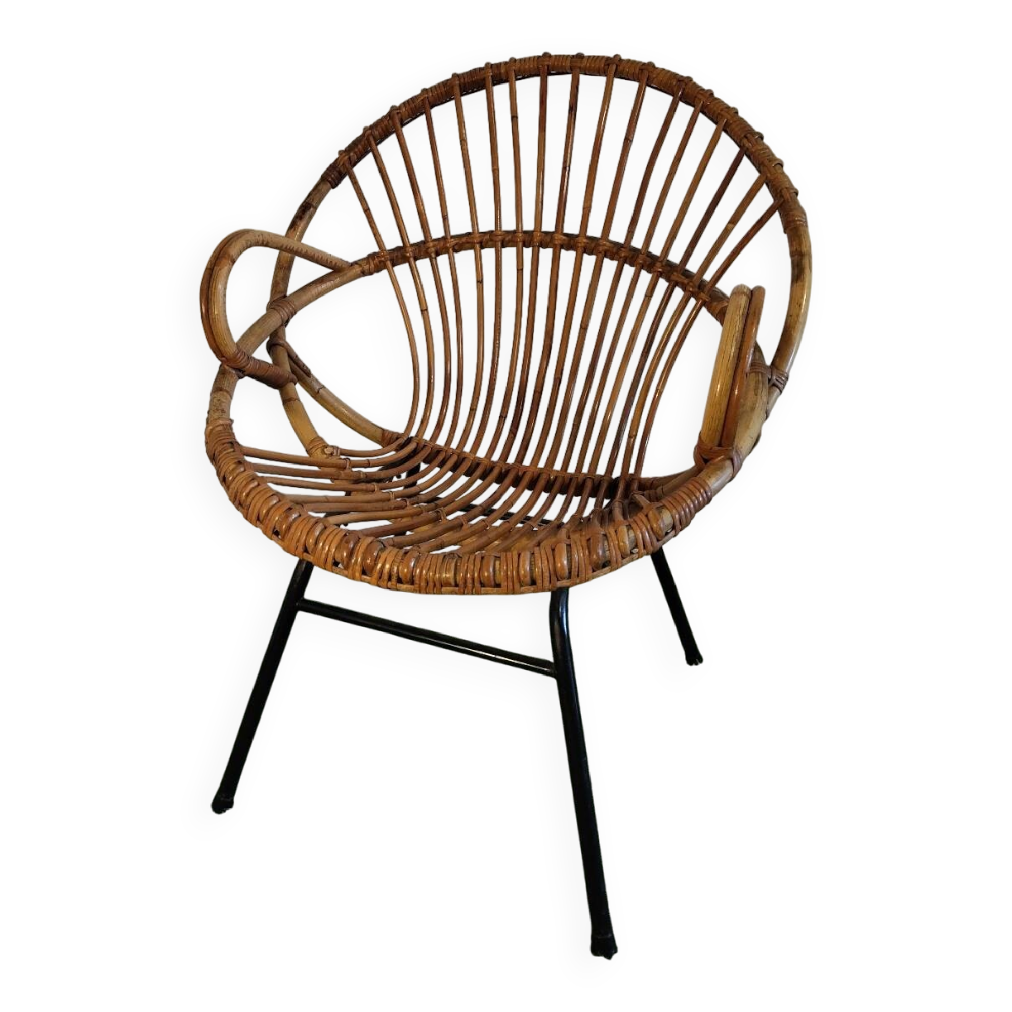 Vintage basket chair in rattan and metal – 1950s/60s