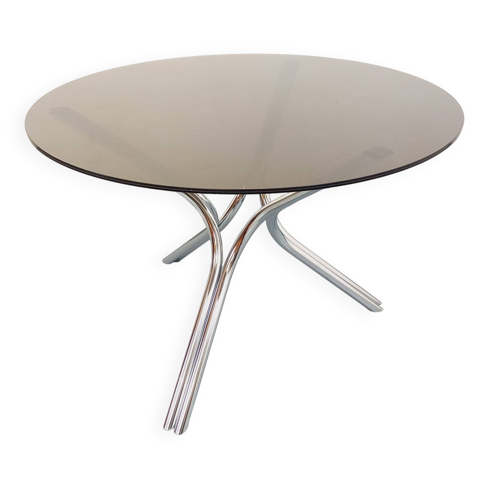 Vintage dining table in smoked glass plexiglass and chrome metal.